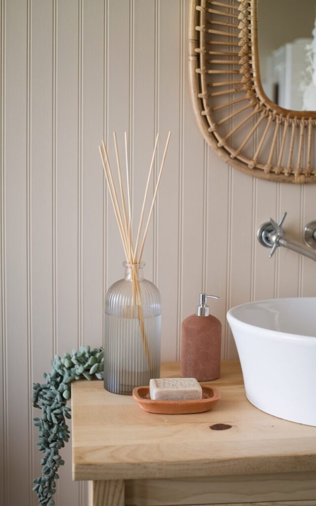 A photo of a coastal boho bathroom vanity with a light wood countertop and a white vessel sink. On one side of the counter, a tall, slim reed diffuser in a sea-glass toned ribbed tall bottle stands upright, its natural reeds fanning out. Beside it, a low-profile object - a handmade soap dish with a textured bar and a small terracotta planter with a trailing succulent—sits to create visual balance. The wall behind features soft beige beadboard, and a rattan-framed mirror adds a touch of boho charm.