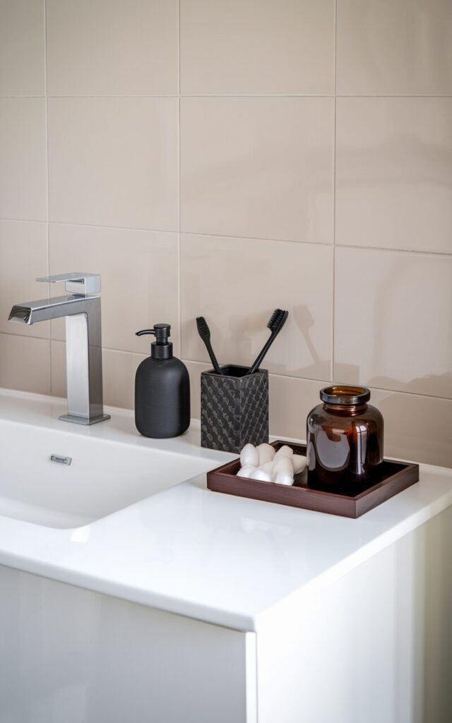 A photo of a bright, contemporary bathroom vanity with a crisp white countertop and sleek under-mount sink. The wall is tiled with soft neutral colors. A set of dark-toned accessories is arranged on the countertop, including a matte black soap dispenser, a deep charcoal patterned toothbrush holder, and a rich espresso-toned wooden tray. A dark amber glass jar with cotton pads is also placed on the tray. The sharp contrast between the white counter and dark elements creates a bold, clean-lined look that feels both modern and grounded.