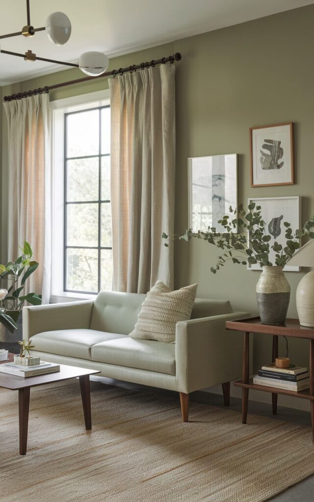 A photo of a serene and stylish living room painted in soothing sage green. The room blends modern and mid-century modern styles. There's a sleek mid-century sofa with wooden legs and textured throw pillows. A walnut side table holds a ceramic vase with greenery, a stack of books, and a minimalist lamp. A large curtained window with natural linen drapes lets in soft light. A woven jute and wool rug in muted tones covers the floor. A sculptural modern chandelier hangs above, adding elegance. The walls have 2-3 framed art.