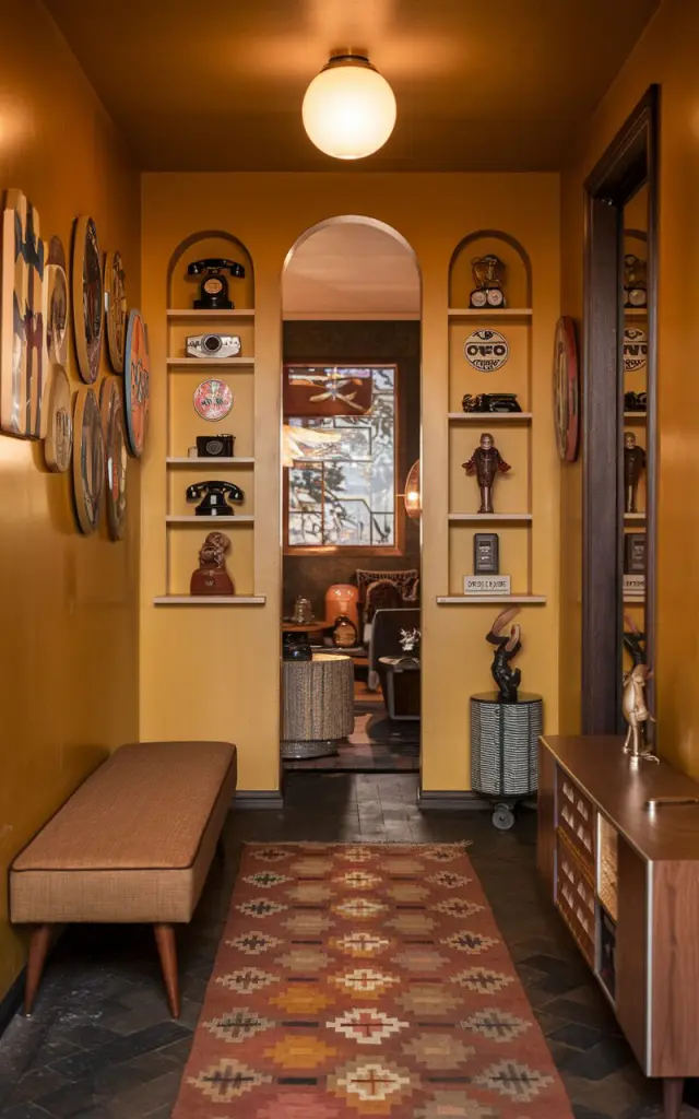 A photo of a vintage retro hallway with mustard yellow walls, leading into a mid-century-inspired living room. The hallway has a mix of quirky and nostalgic collectibles, such as rotary phones, old cameras, enamel signs, and funky ceramic figurines, arranged on narrow display shelves or a low console table. The floor has a patterned runner rug in warm 70s tones. There's a low bench with tapered legs and a small storage cabinet nearby. The lighting is warm and soft, coming from a retro globe pendant overhead. The living room beyond the hallway is not visible in the photo.