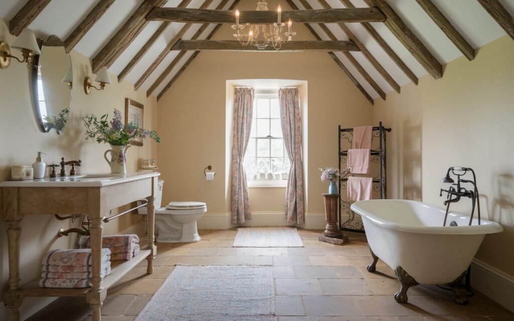 A photo of a charming English countryside bathroom with a lofty vaulted ceiling adorned with rustic wooden beams and soft cream walls. Beneath a classic marble-topped vanity with turned legs, a slim towel rod holds neatly folded floral-patterned and lace-trimmed towels. Across the room, near a freestanding clawfoot bathtub, a delicate wrought-iron towel rack stands ready with plush, pastel towels. The floor is clad in warm stone tiles, and the space is finished with antique brass fixtures, fresh-cut wildflowers in a ceramic jug, and a vintage chandelier casting a soft, romantic glow. The space also has a toilet, curtained window, floor rug, etc.
