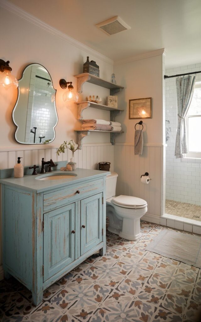 A charming French country and Americana style bathroom with a patterned encaustic floor in soft blues, muted reds, and warm cream tones. There's a distressed painted wood vanity in robin's egg blue with a ceramic sink and oil-rubbed bronze fixtures. Above, a scalloped-edge mirror and vintage-style sconces with warm light. The walls are clad in white beadboard, and rustic open shelves display heirloom decor and cotton linens. The space has a toilet, spacious shower area, curtained window, and a floor rug.