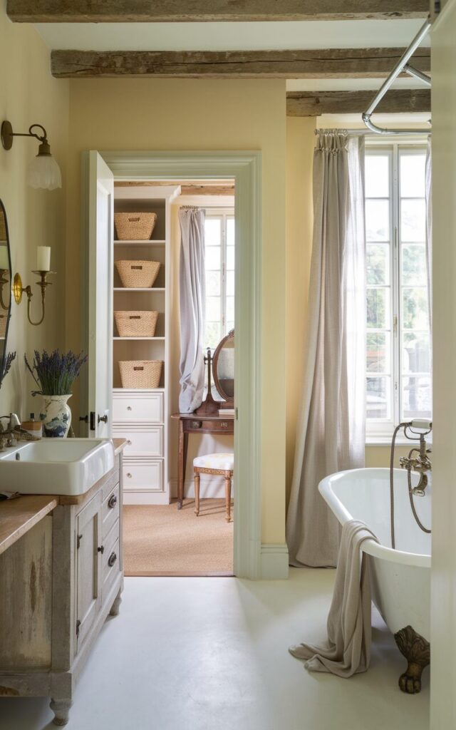 A photo of a charming French country style ensuite bathroom connected directly to a walk-through closet. The bathroom features soft cream-colored walls with rustic wood beams overhead and vintage-style brass fixtures. A farmhouse sink vanity with distressed wood cabinetry sits beside a freestanding clawfoot tub draped with linen curtains. The walk-through closet is visible through an open doorway, showcasing built-in wooden shelves, woven baskets, and an antique dressing table with an ornate mirror. Natural light floods the space through tall windows with sheer curtains, while fresh lavender in a ceramic vase adds a classic French touch.