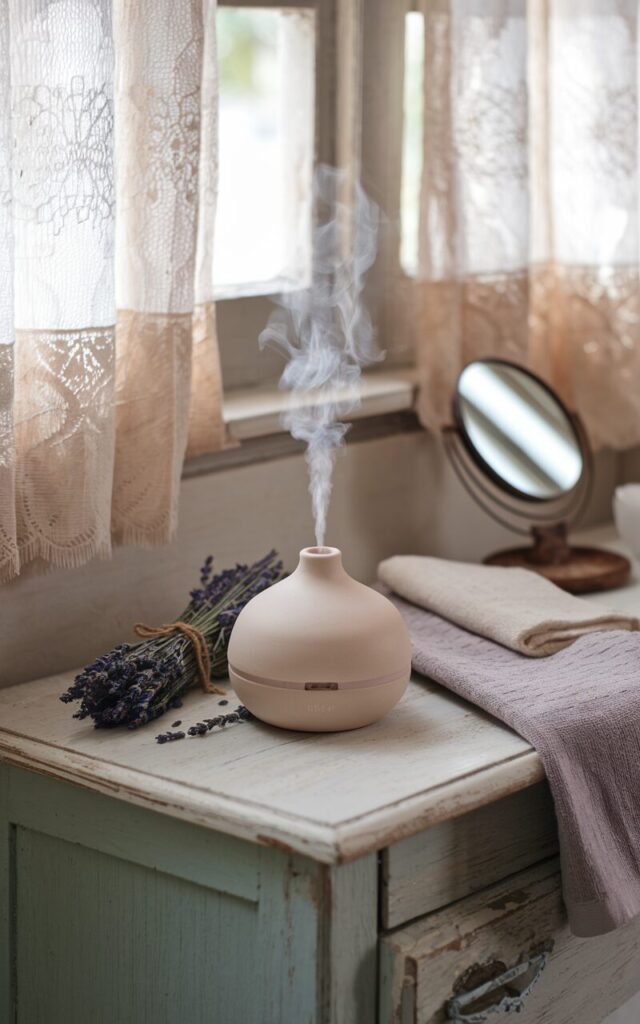 A photo of a charming French countryside bathroom with a ceramic diffuser placed on a rustic wooden vanity. The diffuser is gently releasing the calming scent of lavender essential oil. The diffuser sits beside a small bundle of dried lavender tied with twine, a vintage hand mirror, and a linen towel. Soft natural light streams through lace curtains, illuminating the weathered textures and muted pastel tones in the space. The overall ambiance is serene, cozy, and delicately fragrant—like a quiet afternoon in Provence.
