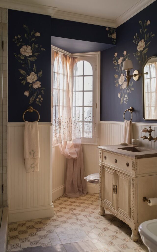 A photo of a charming French countryside bathroom with walls painted in a rich, deep navy blue. The space is cozy and sophisticated. There are soft, subtle floral decals in muted cream and sage, adding gentle pattern and a touch of vintage. The walls have crisp white beadboard wainscoting and elegant matte brass fixtures, including a classic wall-mounted faucet and towel rings. The vanity is a distressed cream wood piece with carved details and a natural stone countertop. The floor is laid with patterned encaustic tiles in bright tones. Delicate sheer curtains filter soft daylight through a mullioned window. There's a glass shower area in a corner. Golden hour lighting showcases the rich wall paint color.