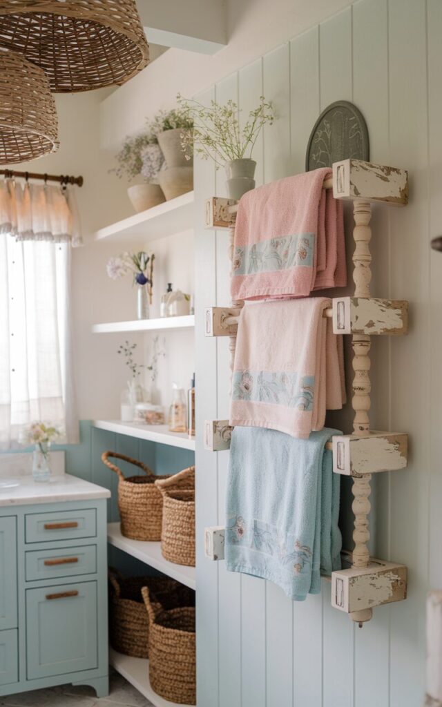 A photo of a charming bathroom with a soft blue and white palette and natural wood accents. The room has a breezy California coastal vibe and cozy cottagecore charm. There is a 3-tiered wall-mounted towel rack in distressed white wood, layered with fluffy towels in pastel hues and subtle floral patterns. The room has a vanity, a curtained window, and sprigs of wildflowers on open shelves. There are woven baskets in the room, adding warmth and whimsy, creating a relaxed yet romantic atmosphere.