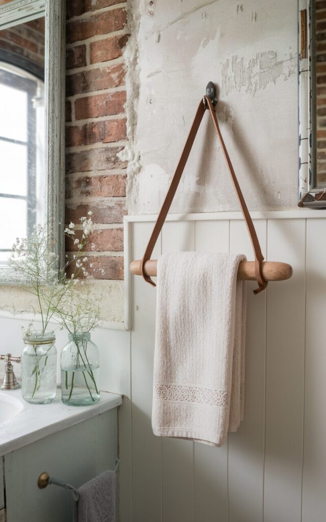 A photo of a charming bathroom that blends shabby chic romance with raw industrial character. The walls feature distressed white plaster with exposed brick peeking through, and a towel holder made from a smooth wooden dowel suspended by worn tan leather straps is mounted against the wall. The leather adds rugged texture while the dowel holds soft, lacy white towels. Around the room, a vanity, vintage mirrors with chipped paint, and delicate glass jars of flowers create a perfectly imperfect, cozy-meets-edgy atmosphere.