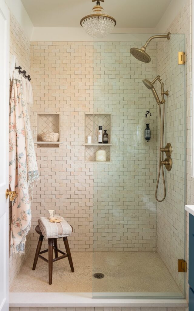 A charming cottagecore bathroom with a glamorous twist. The shower wall is lined with textured beige zellige tiles. The hand-crafted tiles catch the light with their subtle uneven surfaces, adding natural depth and artisanal beauty. The shower area is framed by gold-tone fixtures, a rainfall shower head, niche shelves with essentials, a wooden stool, and a frameless glass door that lets the tiles shine. Nearby, soft floral textiles and vintage-inspired accessories mingle with a crystal pendant light overhead. The overall vibe is cozy and whimsical yet polished and elegant - where rustic cottage warmth meets a touch of refined glam.