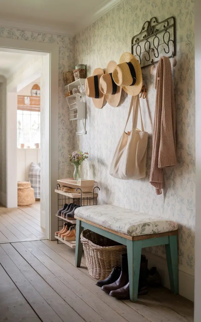 A photo of a charming cottagecore-style hallway with soft, muted floral wallpaper and rustic wooden flooring. The hallway leads to a cozy room beyond. Along one wall, vintage-inspired wrought iron wall hooks are neatly arranged, holding straw hats, canvas totes, and a cozy knit scarf. Beneath the hooks sits a distressed wooden bench with a floral cushion, and a woven basket tucked underneath for extra storage. A quaint shoe rack holds leather boots and slip-ons, while a small vase of wildflowers rests on a nearby shelf. The space feels warm, practical, and lived-in — like something out of a countryside fairytale, with every detail both useful and lovingly chosen.