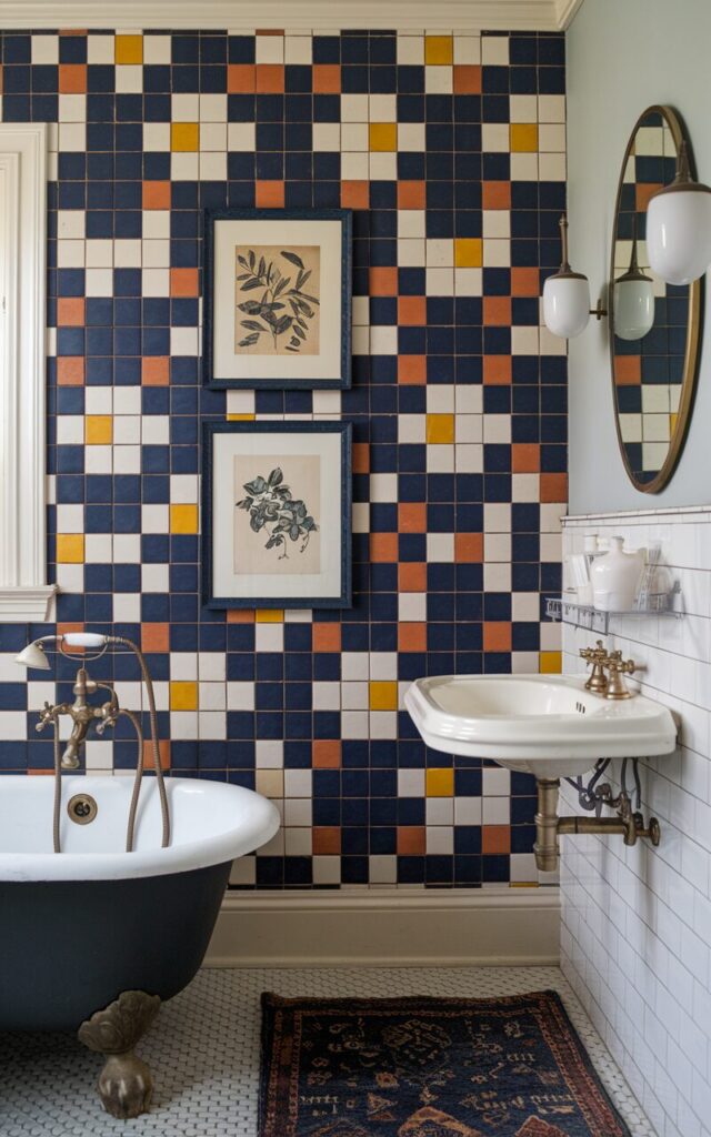 A photo of a charming eclectic meets traditional bathroom. The standout wall is covered in bold, graphic tiles with vibrant geometric prints in navy, ochre, and ivory. The wall serves as a vibrant backdrop that energizes the space without overwhelming it. To balance the boldness, two framed art pieces are neatly hung on the tiled wall—one vintage botanical illustration, the other a classic black-and-white sketch. Their simple frames and muted tones ground the chaos just enough to make it feel curated rather than chaotic. The rest of the bathroom embraces tradition with a clawfoot tub, brass cross-handle taps, and a pedestal sink. Eclectic touches include a vintage rug, modern wall sconces, and mismatched ceramic jars.