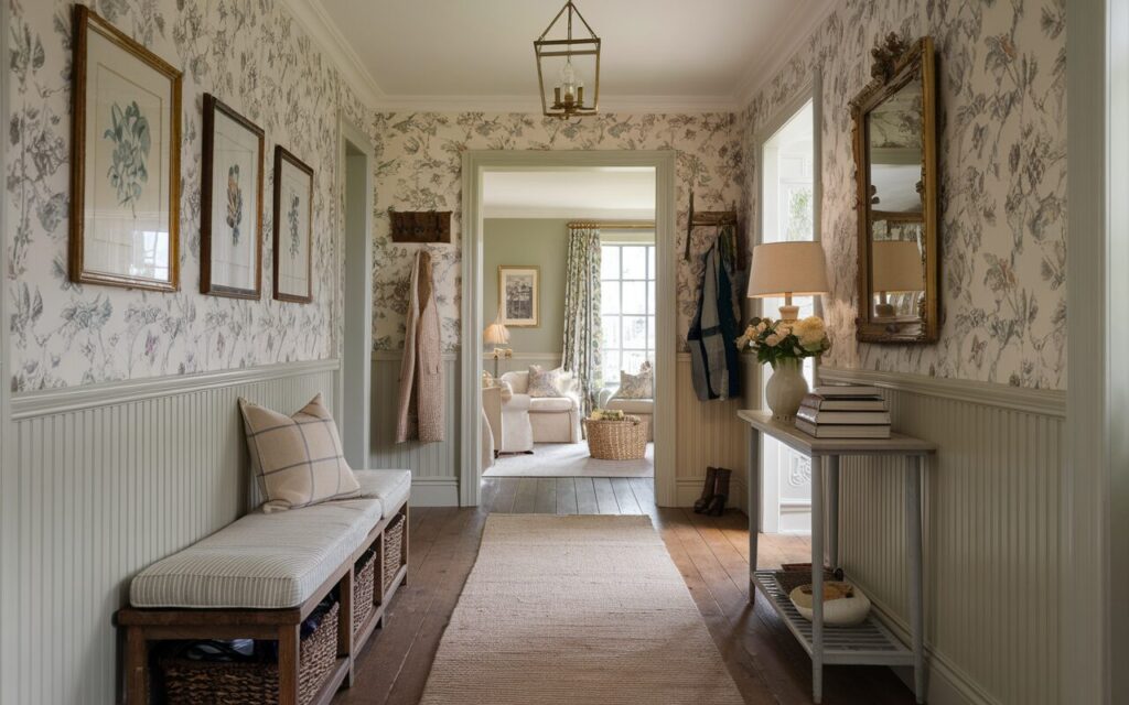 A photo of a charming hallway in a Traditional English Countryside style, gracefully leading into a cozy living room. The walls are painted in a soft sage or antique cream, with classic wainscoting below and floral wallpaper above. There are 2-3 framed botanical prints and a vintage gold-framed mirror on the walls. A narrow wooden bench with a ticking-stripe cushion and woven baskets for hidden storage sit along one side. A slender console table holds a ceramic table lamp, a stack of classic books, and a small vase with fresh garden flowers. A wool runner rug in soft, earthy tones runs the length of the hallway, and a brass lantern pendant light casts a soft glow. Functional hooks, a carved coat rack, and a discreet shoe cabinet are integrated into the design. The hallway opens up to the living room beyond, offering a warm welcome.