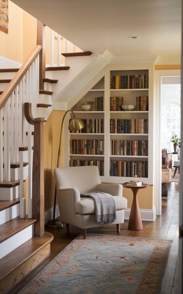A photo of a charming hallway in a blend of English countryside and mid-century modern style. The hallway has a warm, lived-in character and features a cozy reading nook tucked neatly under a wooden staircase with open risers. The nook contains a mid-century modern accent chair in soft tweed, a small walnut side table, and a vintage-inspired floor lamp with a brass arc arm. Built-in bookshelves line the back wall, filled with worn hardcovers and ceramic accents. A woven throw blanket drapes casually over the chair. The space is layered with textures—oak floors, a patterned area rug, and warm-toned walls—seamlessly integrating form and function in this inviting hallway corner. The hallway leads to a living room.