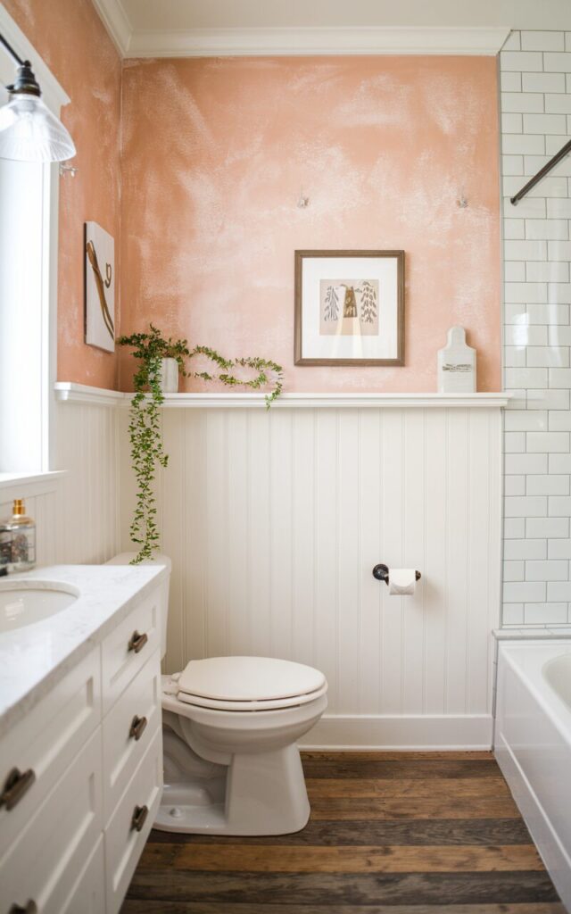 A photo of a modern farmhouse bathroom with a charming ambiance. The lower half of the walls is wrapped in crisp white beadboard paneling, adding texture and timeless dimension to the space. The upper walls are painted in a soft pastel beige with a subtle, hand-applied texture, giving the room a warm, layered look. The beadboard is finished with a narrow trim ledge, perfect for resting a small piece of framed art or a trailing plant. Paired with wood-look flooring and vintage-inspired fixtures, the wall treatment creates a cozy, well-balanced aesthetic that feels both fresh and rooted in farmhouse tradition. The bathroom has a vanity, a toilet, a bathtub, and other essential elements.