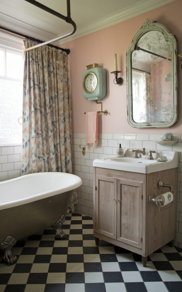 A photo of a charming retro French country bathroom with a classic black-and-white checkered tile floor. The room features a curved clawfoot tub with pewter feet, a weathered wood vanity, and a ceramic sink. There is a floral curtain, antique brass fixtures, and an ornate mirror with a distressed frame. The room also has a pedestal soap dish, a vintage wall clock, and pastel accents.