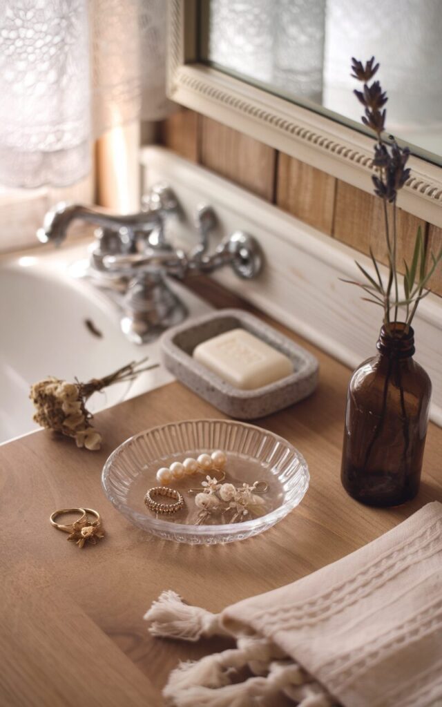 A charming rustic cottagecore bathroom counter with a warm wood surface and soft natural textures. A small clear glass catch-all dish holds a few dainty gold rings, pearl earrings, and floral hairpins. Nearby, a stoneware soap dish, a tiny dried flower bundle, and a fringed cotton hand towel add cozy, lived-in details. The backdrop features a wood platted wall, an antique-style mirror, and a sprig of lavender in a repurposed glass bottle. Soft morning light filters through a lace curtain, creating a dreamy, nostalgic mood.