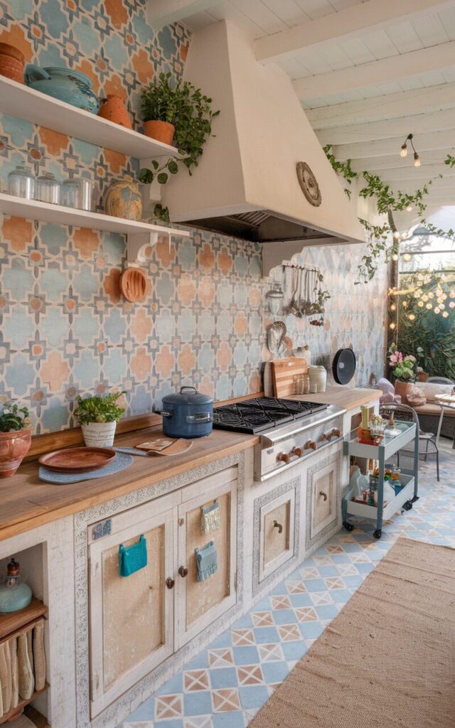 A wide-angle photo of a charming shabby chic and rustic outdoor kitchen. The cooking and prep area has a vibrant Moroccan tile backsplash with intricate geometric patterns in soft blues, warm terracottas, and creamy whites. The cabinetry is distressed white wood with vintage-style knobs, and the countertop is made of reclaimed wood. Open shelves display mismatched pottery and glass jars. Potted herbs and hanging fairy lights add to the cozy atmosphere. The space has a cooking station, a grill, dining area, and a cart with essentials. There is also a floor rug.