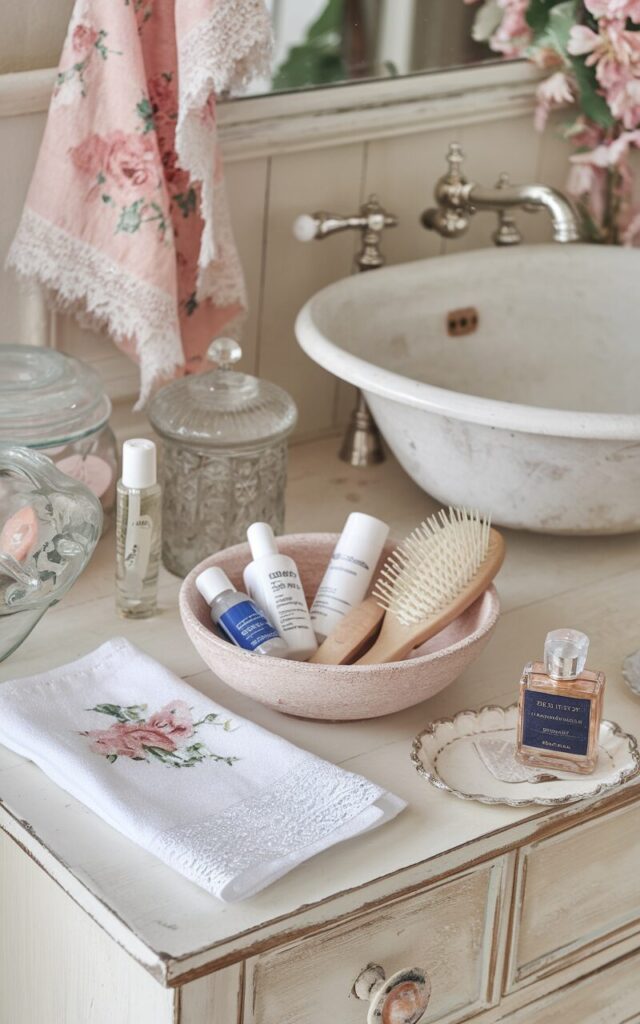 A photo of a charming shabby chic bathroom vanity with a whitewashed wood finish and a classic vessel sink. On the countertop, a low, slightly imperfect ceramic bowl holds everyday essentials like small skincare bottles, a wooden hairbrush, and travel-sized haircare items. Surrounding it are vintage glass jars, a lace-trimmed hand towel, and a tiny distressed tray with perfume. Soft pastel tones, floral patterns, and delicate details create a lived-in yet romantic look. The scene feels feminine, cozy, and effortlessly collected over time.