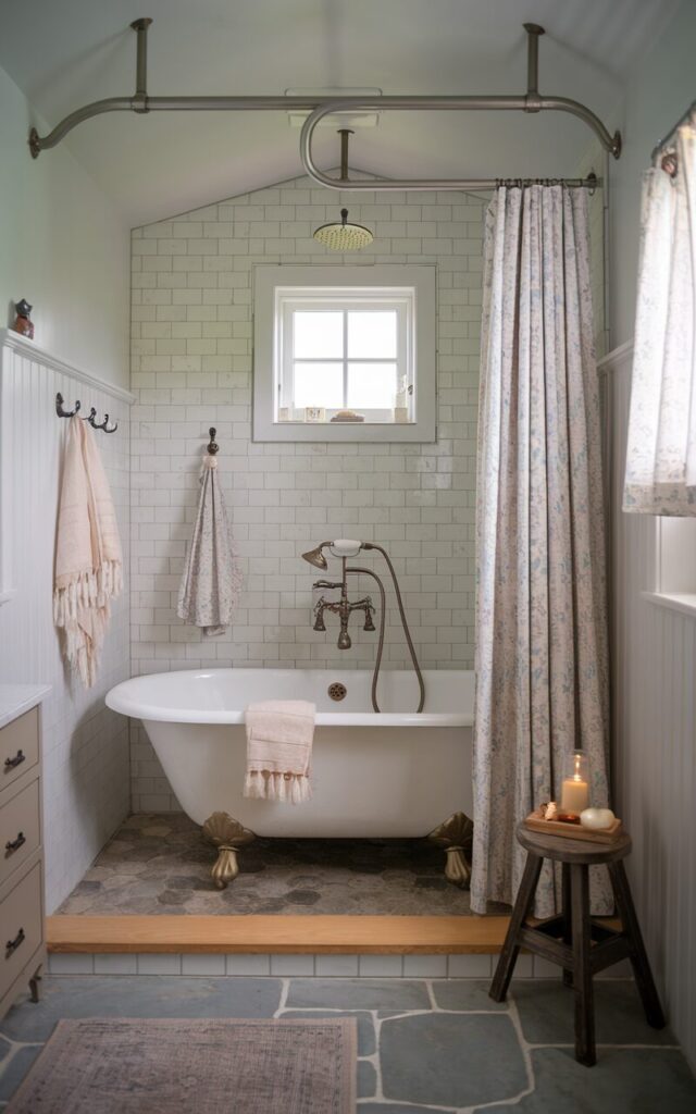 A photo of a cottagecore bathroom with a combined shower and tub in a single wet zone. The freestanding clawfoot tub sits on a gently sloped floor with rustic stone or matte hex tiles that extend up the shower wall. A simple rain showerhead is mounted above, with a soft linen or floral-patterned curtain hanging from a curved rod or ceiling-mounted rail. The walls are clad in white beadboard or soft pastel tiles, and vintage-style hooks hold a loofah and hand towel. A tiny wooden stool holds soap and a candle, while a small window lets in filtered natural light. The space feels intimate, romantic, and storybook-inspired—perfectly cottagecore. The dry area has a vanity, curtained window, and floor rug. 