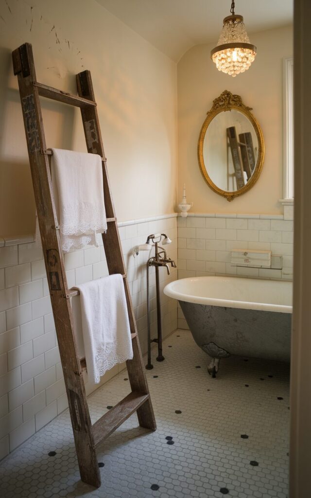 A photo of a charming vintage bathroom with soft cream walls, black-and-white hex tile flooring, and an antique clawfoot tub. Against one wall, a weathered wooden ladder leans gracefully, serving as a towel holder with crisp white and lace-trimmed towels draped over its rungs. The space is accented with a gilded oval mirror, delicate porcelain accessories, and a warm glow from a small crystal chandelier, creating a nostalgic and elegant atmosphere.
