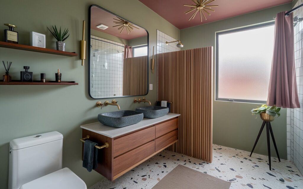 A photo of a mid-century modern bathroom with a floating walnut vanity, dual vessel sinks, a large rectangular mirror, brass rod sconces, a muted sage green wall color, geometric terrazzo floor tiles, a teak privacy screen, minimalist mod-style curtains, a frosted window, a tripod-legged plant stand, vintage perfume bottles and retro grooming tools on floating shelves, a brass Sputnik-style mini chandelier, and a dusty pink ceiling. The bathroom has a toilet, shower area, and a floor rug.