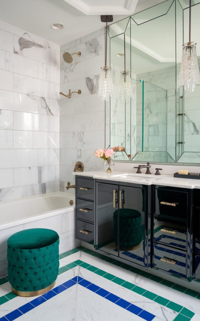 A photo of a chic Art Deco bathroom with white marble tiles featuring elegant gray veining. The marble tiles are accented by vibrant green and blue colored grout that highlights the geometric tile layout. The colored grout adds a playful yet sophisticated twist, making the marble's natural patterns pop with bold contrast. Glossy black fixtures with brass detailing, a sleek black vanity with mirrored accents, and a vintage-inspired emerald green velvet stool complete the luxe look. Bold geometric mirrors and crystal pendant lights enhance the glamorous vibe, blending classic Art Deco style with a fresh, modern chic edge.