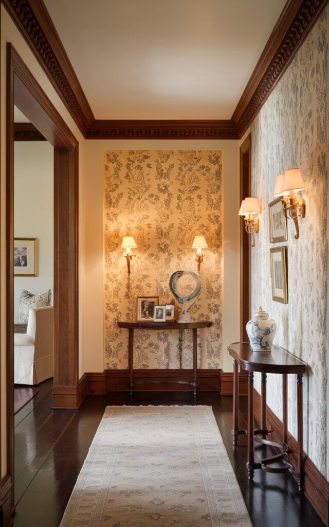 A photo of a classic traditional hallway with rich wood trim and elegant crown molding. The hallway connects the entrance and living room. One wall is adorned with a timeless, floral-patterned wallpaper in soft creams and muted greens, creating a sophisticated accent that draws the eye. The other walls are painted a warm ivory to balance the look. Dark hardwood floors polished to a shine run the length of the space, complemented by a tasteful runner rug with subtle patterns. Antique brass wall sconces provide gentle, ambient lighting, and a narrow console table with a porcelain vase and framed family photos completes the welcoming and refined atmosphere.