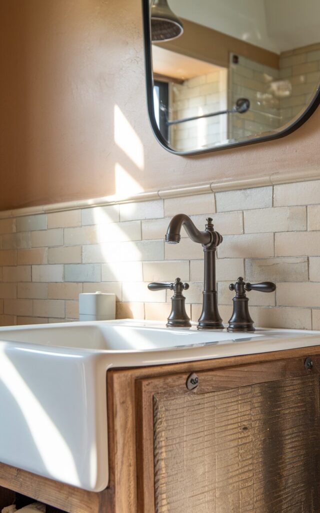 A photo of a modern farmhouse bathroom sink with a sleek oil-rubbed bronze faucet. The faucet is placed on a white porcelain basin and a reclaimed wood vanity. The faucet has a dark, slightly weathered finish that contrasts beautifully against the white basin and wood vanity. The faucet's dark finish also contrasts with the warm, neutral-toned walls. There is a zellige tile backsplash with a mirror above the sink. Soft, natural light is shining on the faucet, highlighting its subtle metallic sheen and vintage-inspired design. The bathroom has matte black hardware.