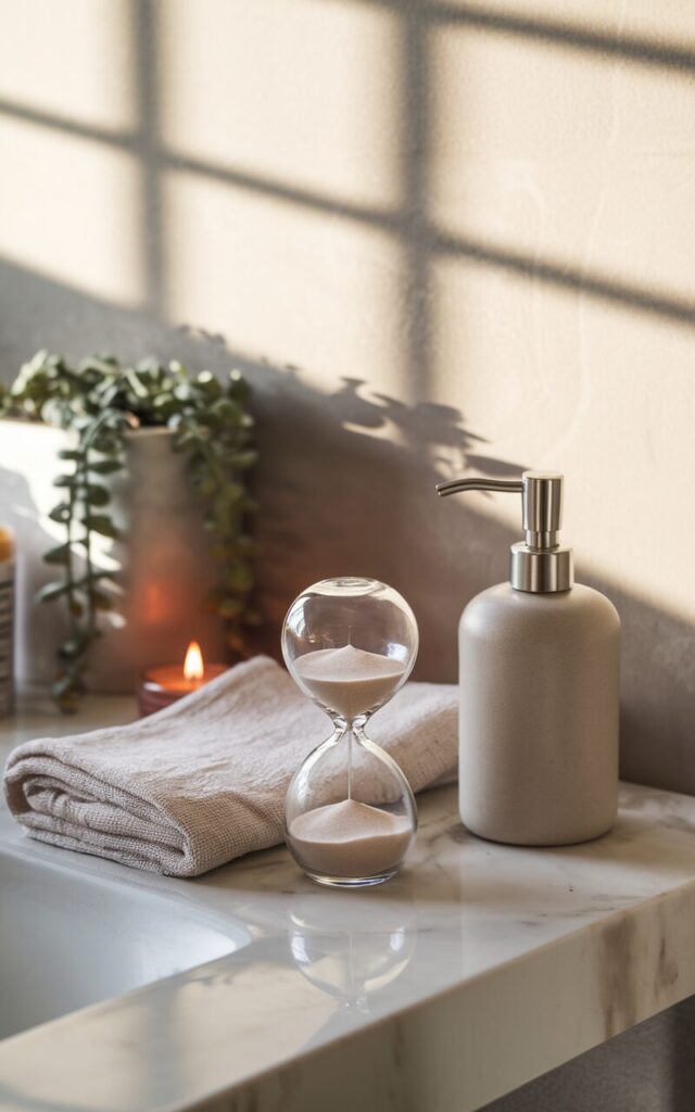 A photo of a serene, clutter-free bathroom counter styled in cozy minimalism. A small glass sand timer with soft beige or white sand sits next to a matte ceramic soap dispenser and a folded linen hand towel. The countertop is faux marble. In the background, a neutral-toned wall with soft shadows, a small trailing plant in a minimalist pot, and a lit candle add warmth. The sand timer acts as a subtle focal point, adding a thoughtful, spa-like touch to the scene.