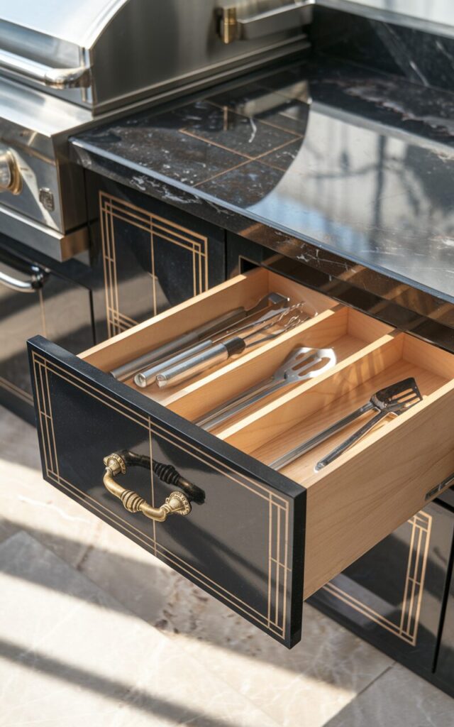 A photo of a sleek storage drawer built into the lower section of an Art Deco-style outdoor kitchen countertop. The drawer features a geometric brass inlay pattern on a black lacquered surface, with a vintage gold handle that reflects the glam of the era. Inside the drawer, neatly organized BBQ tools—spatulas, tongs, skewers, and basting brushes—rest in custom compartments. The countertop above is a polished dark marble with subtle veining, and the surrounding cabinetry echoes Art Deco symmetry and bold lines. Sunlight adds a soft sheen, highlighting the luxurious yet functional design.