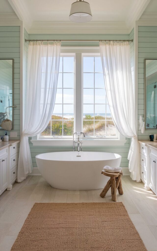 A coastal chic ensuite bathroom featuring a freestanding tub placed directly under a large window for natural light and scenic soaking. The tub is a sleek white oval design, positioned to overlook ocean dunes or breezy palms through a wide, grid-free window with flowing sheer white curtains. The walls are painted in soft seafoam, with light wood flooring beneath. Subtle nautical accents like a jute rug, driftwood stool, and polished nickel fixtures add coastal charm. The space also has a double vanity with mirrors and a ceiling with a pendant light. The overall palette is airy and neutral, evoking the calm of a beachside escape with elevated style.