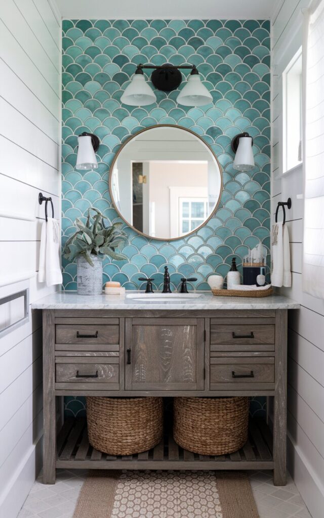 A photo of a coastal farmhouse bathroom with a statement wall of fish scale tiles in aqua blue behind the vanity. The scalloped tiles shimmer subtly, evoking ocean waves, and are paired with white shiplap on the surrounding walls for a farmhouse feel. A rustic wood vanity with a marble countertop anchors the space, topped with a round mirror framed in brushed brass. Woven baskets and seagrass decor add breezy coastal warmth, while black or oil-rubbed bronze fixtures ground the look. Soft natural light highlights the tile's playful texture, creating a fresh, welcoming retreat.