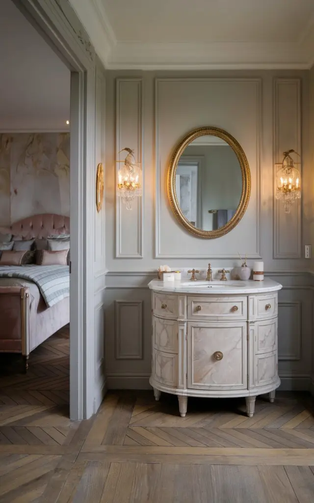 A photo of a contemporary Gustavian ensuite bathroom with a large bed in the bedroom. The bedroom has a soft-toned herringbone parquet floor, and the bathroom has the same floor. The bathroom has a marble-topped vanity, a gilded oval mirror, pale gray wainscoting, and delicate sconces. The bathroom has antique brass fixtures and muted pastel accents. The warm light is on.