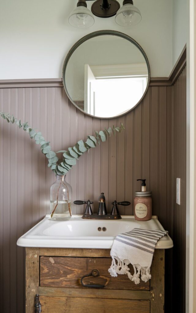 A wide full straight angle photo of a cozy Americana-style half bathroom. The room contains a compact vintage wood vanity and a classic white porcelain sink. On the counter, there's a clear glass bottle with fresh eucalyptus stems, a striped cotton hand towel, a mason jar soap dispenser, and a tiny candle in a metal tin. The wall behind the vanity is adorned with beadboard paneling painted in soft navy or muted barn red, and features a round mirror with a black or bronze frame. The overall space has a welcoming, fresh, and down-to-earth vibe with a hint of spa-like calm.