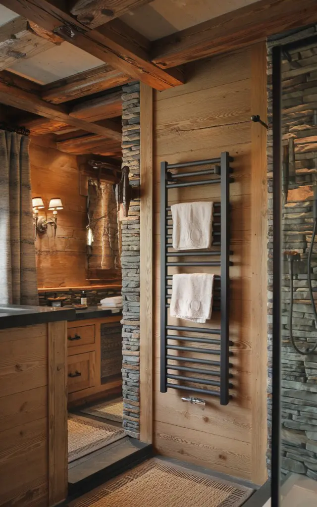 A cozy Craftsman-inspired bathroom with warm wooden paneling, natural stone accents, and exposed timber beams. The room has a blend of Alpine chic charm. There is a shower area with a sleek heated towel rail in matte black that warms fluffy, snow-white towels. The rail is mounted against a wall of stacked stone. The space is accented with iron sconces, a woven rug, and subtle carved details that bring the rustic, lodge-like atmosphere to life with refined elegance. The surrounding space includes a vanity with a mirror, a curtained window, etc.