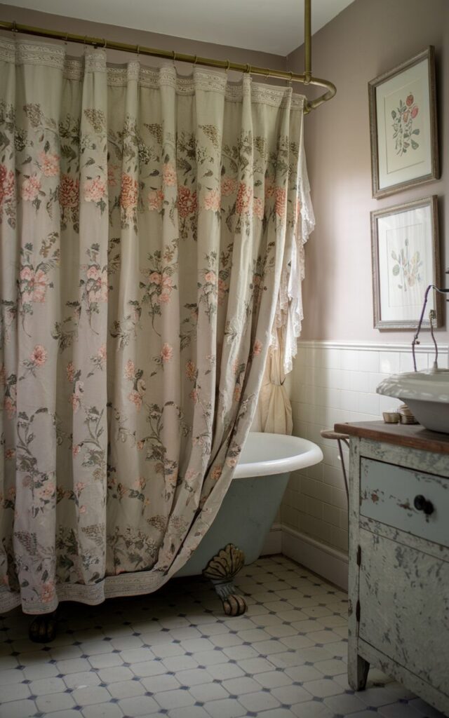 A photo of a vintage-style bathroom with a cozy English country feel. The room features a soft fabric shower curtain with subtle floral patterns in muted rose, sage, and ivory tones. The curtain hangs from a brass rod and gently grazes a clawfoot tub with ornate feet. The vintage tile flooring, floral framed art, and distressed wood vanity with a porcelain basin add to the room's charm. The soft, filtered natural light illuminates the space.