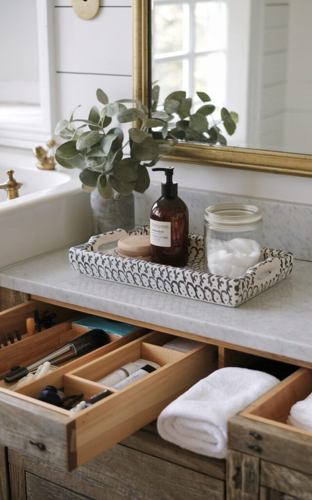 A photo of a rustic bathroom with a wooden vanity. On top of the vanity, there's a handcrafted ceramic tray with daily essentials, such as an amber soap dispenser, a glass jar of cotton pads, and a small plant. The tray is placed on a marble countertop, next to a brass-framed mirror. Inside the vanity cabinet, wooden dividers keep items like skincare products, hair tools, and extra towels organized. The combination of natural textures and thoughtful placement creates a calm, lived-in elegance that is effortlessly cozy.