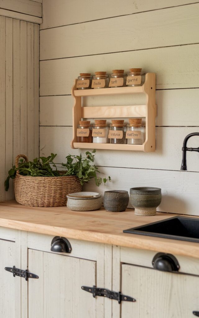 A photo of a cozy Scandi-rustic outdoor kitchen with a minimalist wooden spice rack mounted on a whitewashed plank wall. The rack holds glass jars with simple kraft paper labels reading "sugar," "salt," "paprika," "oregano," and "cumin," each sealed with cork lids. Below the rack, a light wood countertop with a sink showcases natural textures. There's a woven basket of fresh herbs and rustic ceramic bowls. The surrounding cabinetry is pale, with black metal hardware. The overall vibe is clean, warm, and effortlessly functional, perfectly blending Scandinavian simplicity with rustic charm.