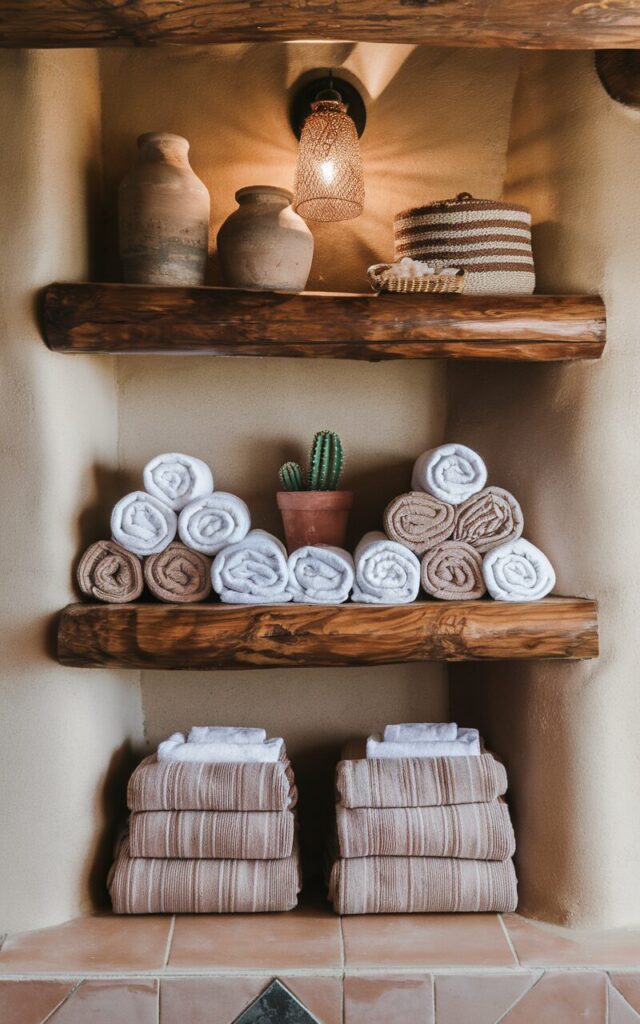 A photo of a cozy Southwestern-style bathroom with an open wooden shelf stacked neatly with rolled white and earth-toned towels. Alongside the towels are essentials like clay jars, a woven basket of bath salts, and a small potted cactus for desert charm. The shelves are set against a textured adobe-style wall, accented by terracotta tiles and patterned textiles. Warm lighting and natural materials create an inviting, spa-like vibe rooted in rustic Southwestern warmth.