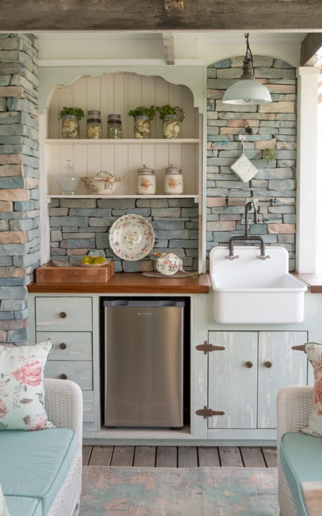 A photo of a cozy and stylish outdoor kitchen. The kitchen features a compact stainless steel mini fridge seamlessly tucked beneath a reclaimed wood countertop. The surrounding cabinetry is painted in soft, weathered white with vintage-style glass knobs. Open shelves above display mason jars, herbs, and floral dishware. The fridge sits next to a farmhouse sink and butcher block prep area, with stacked stone backsplash adding rustic charm. A pendant light hangs from a wooden beam overhead. Floral cushions on nearby seating and a distressed pastel rug enhance the shabby chic warmth of the space.