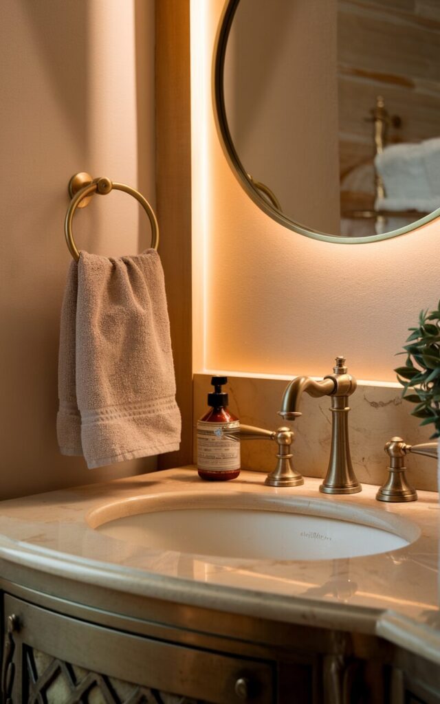 A photo of a cozy bathroom vanity with a brushed brass tap featuring soft, curved lines. The vanity is topped with creamy marble and framed by warm-toned lighting that highlights the subtle glow of the brass. A round mirror with a thin brass rim hangs above the sink. A small potted plant sits on the floor near the vanity. A neatly folded linen hand towel is held by a matching towel ring. The overall look blends warmth, elegance, and quiet luxury, with the brushed brass adding a timeless, inviting touch.