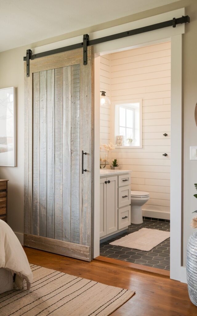 A photo of a cozy bedroom with a modern farmhouse bathroom separated by a sliding barn door. The barn door is made of weathered reclaimed wood with black metal hardware. The bathroom has white shiplap walls and matte black fixtures. The bedroom has warm wood floors, a neutral-toned rug, and simple rustic décor. The sliding barn door adds character while maximizing space between the two rooms.