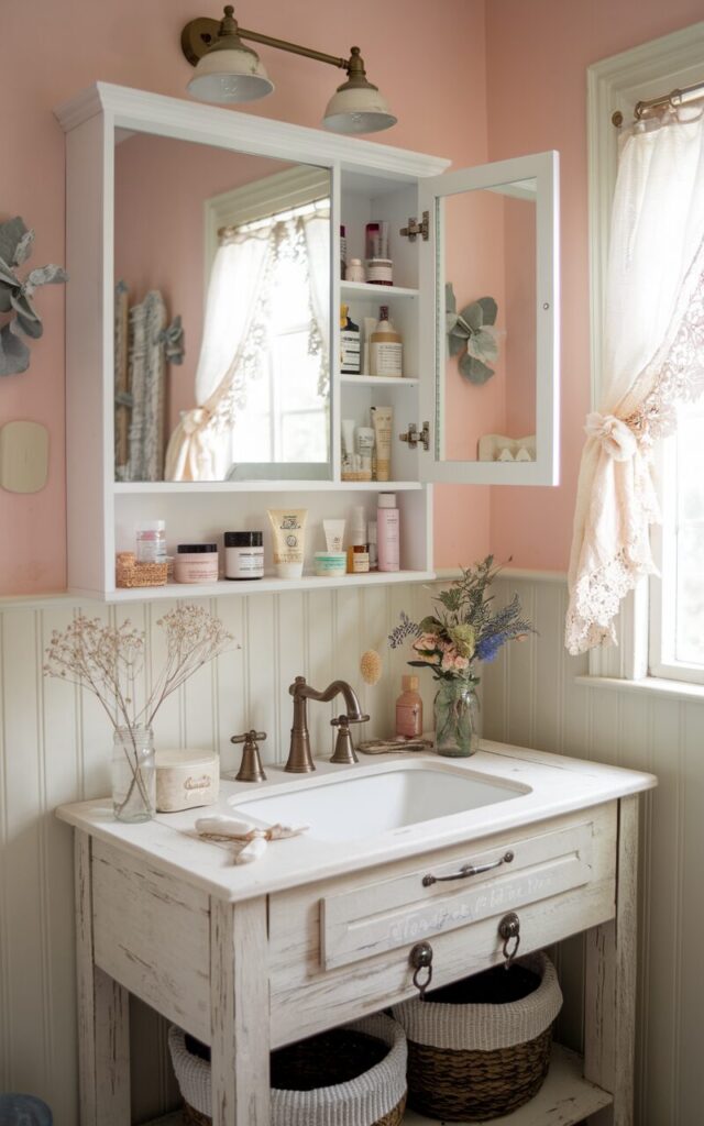 A photo of a cozy, charming cottagecore bathroom with soft pastel walls and vintage-inspired beadboard paneling. Above a rustic wooden vanity with a distressed white finish hangs a mirrored cabinet that doubles as sleek, hidden storage. The mirror reflects the warm light from a nearby window dressed with lace curtains. Inside the cabinet, neatly arranged skincare products, small jars, and natural remedies are stored out of sight. The vanity is topped with a farmhouse-style porcelain sink and antique brass fixtures. Nearby, delicate floral accents, dried wildflowers in a mason jar, and woven baskets complete the vintage, pastoral feel. Natural light is soft.