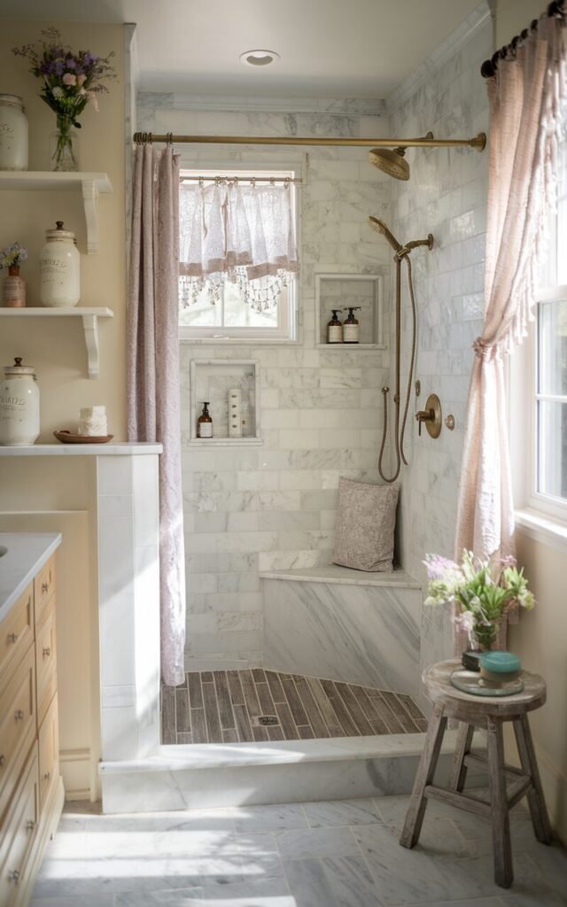 A photo of a cozy cottagecore bathroom with a charming walk-in shower made of soft white marble with gentle gray veining. The marble curb contrasts beautifully with the wooden tile flooring inside the shower area. The shower area has a brass rainfall shower head, a curtained window, an in-built bench, and recessed shelves. The space outside the shower has a distressed wooden stool, a vanity, and open shelving holding mason jars and fresh wildflowers. Soft lace curtains flutter at a nearby window, and sunlight streams in, highlighting the delicate veining of the marble. The overall space feels inviting, nostalgic, and thoughtfully handcrafted.