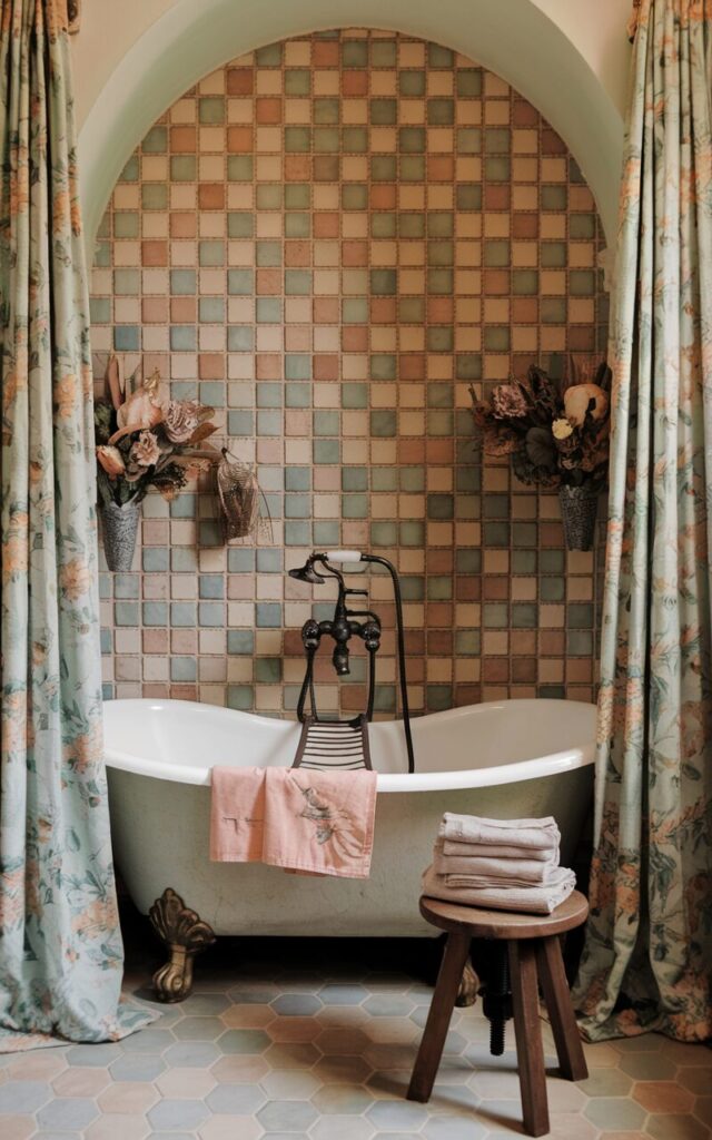 A cozy cottagecore bathroom with a handmade zellige tile accent wall in warm, earthy tones of sage, blush, and cream. The tiles have soft, uneven textures and a gentle glazed sheen. The room contains a clawfoot tub with antique brass fixtures, surrounded by floral curtains, dried flower bundles, and a wooden stool topped with folded linen towels. The space has a romantic and deeply comforting atmosphere. 