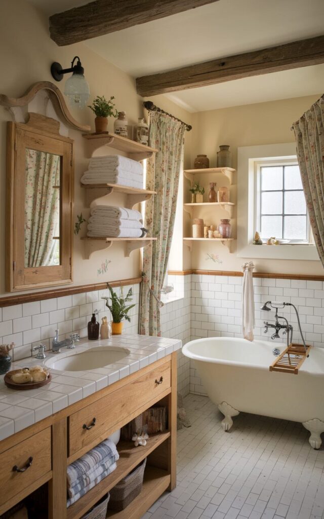 A cozy cottagecore bathroom with a vintage charm. The room features classic white tiles, warm wood accents, and a vintage-style vanity mirror framed in natural wood. There are open shelves holding neatly folded towels, small potted herbs, and apothecary jars. A freestanding clawfoot tub is placed near a small paned window. Soft floral curtains and ceramic decor add to the room's rustic warmth. The overall ambiance is peaceful and storybook-like.