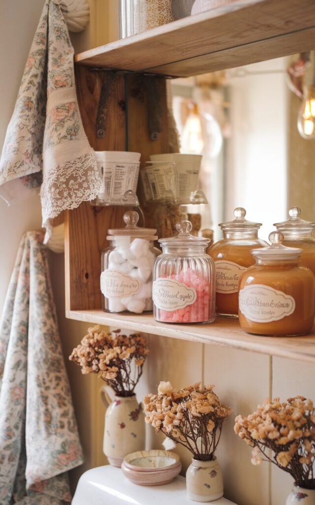 A photo of a cozy cottagecore bathroom with an open wooden shelf near the vanity. The shelf displays 3-4 charming apothecary jars filled with cotton balls, pink bath salts, and honey-toned liquid soap. The jars vary in shape and size, each with vintage-style labels and glass stoppers. Surrounding the shelf are floral hand towels, a lace-trimmed mirror, and tiny dried flower bundles tucked in ceramic pots. The room has soft pastel tones, natural wood accents, and warm lighting, creating a nostalgic and comforting vibe.