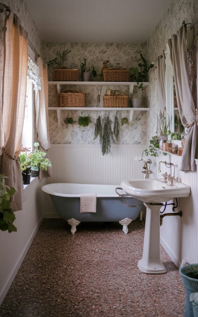 A photo of a cozy, vintage-style bathroom with a terrazzo floor, a clawfoot tub, and a classic pedestal sink. The walls are covered with white beadboard and vintage floral wallpaper. There are open wooden shelves holding wicker baskets and potted herbs. Soft linen curtains and antique brass fixtures are also present. The atmosphere is serene and whimsical, with a blend of cottage comfort and vintage elegance. The room is illuminated by soft, ambient natural light.