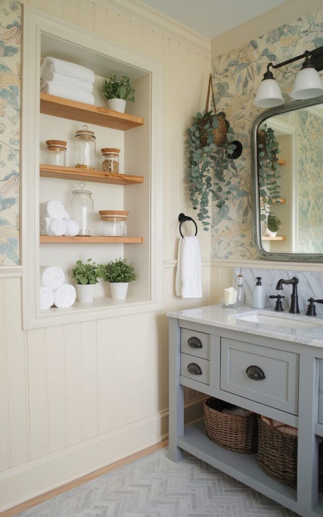 A photo of a cozy cottagecore and modern farmhouse bathroom with a built-in storage niche cleverly tucked between wall studs. The niche features open wooden shelves framed in soft white trim, holding rolled towels, glass apothecary jars, and small potted herbs. Surrounding walls are a mix of vertical shiplap in a creamy tone and floral wallpaper in muted pastels. A farmhouse vanity with a deep ceramic sink and matte black fixtures sits nearby, topped with a marble counter. The floor is herringbone tiles. A vintage mirror, wicker basket accents, and hanging eucalyptus complete the warm, lived-in look.