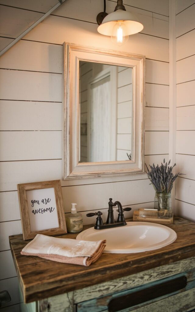A photo of a cozy farmhouse with a rustic bathroom vanity. The vanity has a weathered wood counter and a white ceramic sink. It is set against a shiplap wall backdrop. There is a framed mirror above the sink and a hanging pendant light above the mirror. There is a small, wood-framed handwritten quote leaning against the wall. The quote says "You are awesome". There is a mason jar with dried lavender and a vintage soap dish beside a folded cotton towel. The light above the sink is warm.