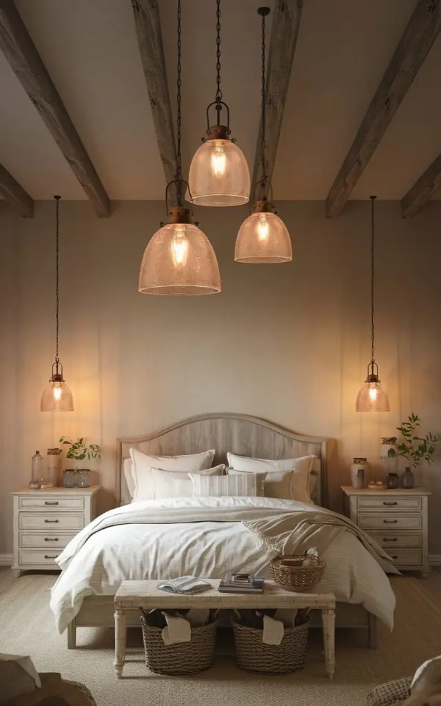 A cozy farmhouse-style bedroom with a warm, dreamy pendant light hanging from exposed wooden ceiling beams. The lighting fixtures have vintage-inspired glass shades with a soft amber glow, casting a gentle, inviting ambiance. The room includes a rustic wooden bed with white linen bedding, distressed wooden nightstands, and vintage decor accents like mason jars and woven baskets. Neutral tones with touches of greenery complete the space, emphasizing comfort and farmhouse charm under the soft pendant light.